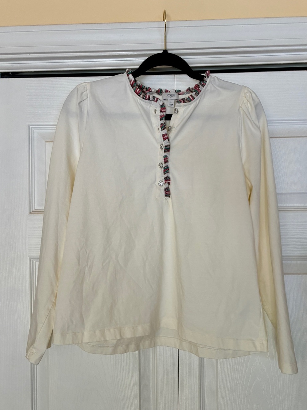 J. Crew Cream Long Sleeve Popover with Multicolor Ruffle Trim